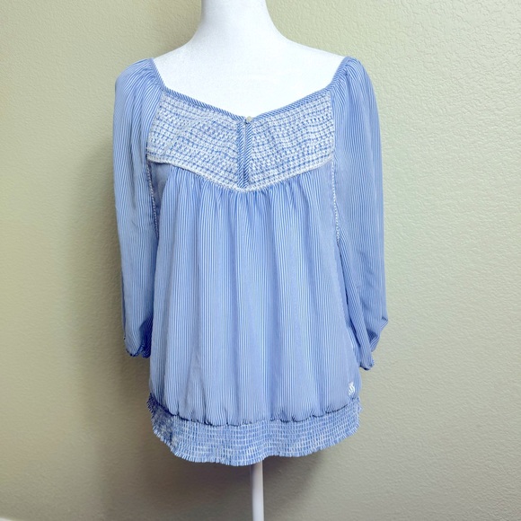 Abercrombie Fitch Womens Blue /White Stripe 3/4 Sleeve Blouse Size L Embroidered - Picture 1 of 8